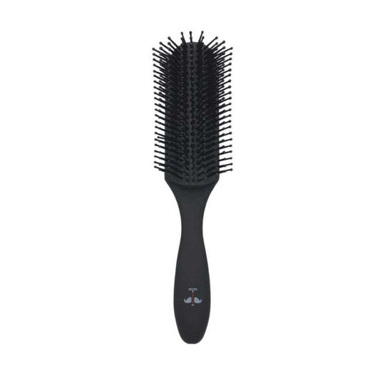 Black cushion hair brush with dense plastic bristles and ergonomic handle