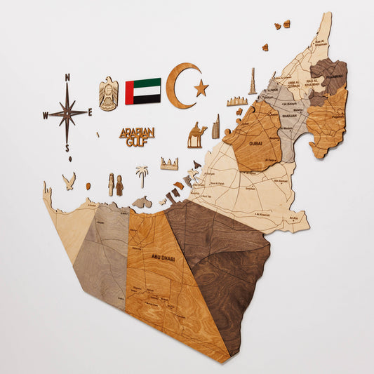 Custom wooden map of the UAE with raised wood pieces and city labels