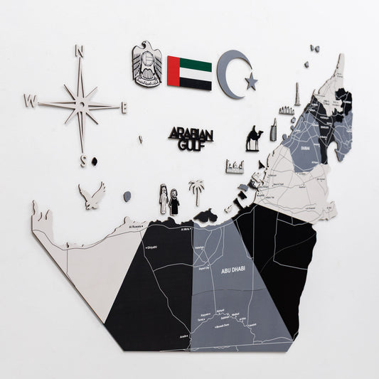 Custom wooden UAE map with dark inlay, raised icons, and route lines