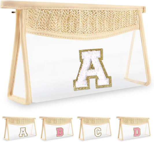 Custom Chenille Varsity Straw Makeup Bag - Personalized Initials - Renee Lane Company