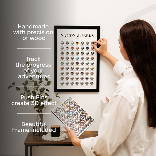 Custom travel tracker poster in black frame, white panel with park badge icons