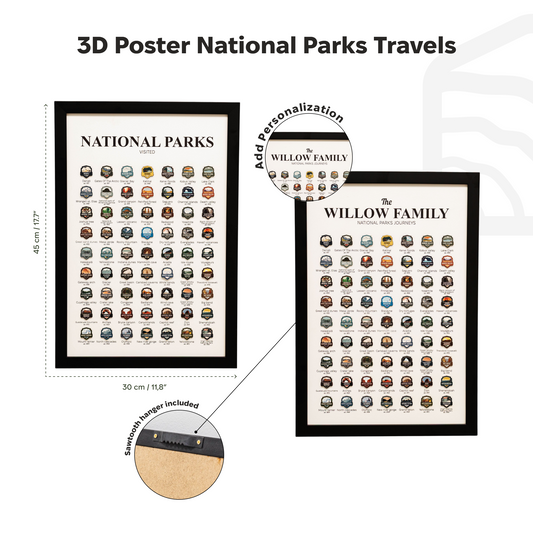 Custom travel tracker poster set: two black-framed National Parks badge boards
