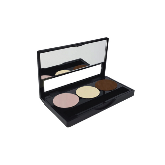 Custom Voodoo face trio palette with mirror, showing pink, cream, and brown powder pans