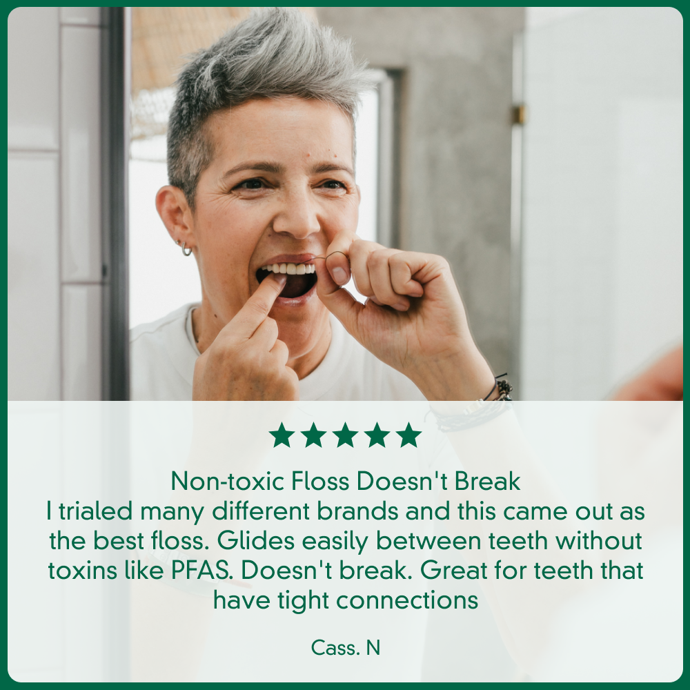 Floss review card with five star rating and testimonial about non-toxic floss