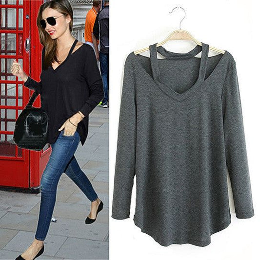 Gray V-neck long-sleeve lounge top with shoulder cutouts, hanging front view