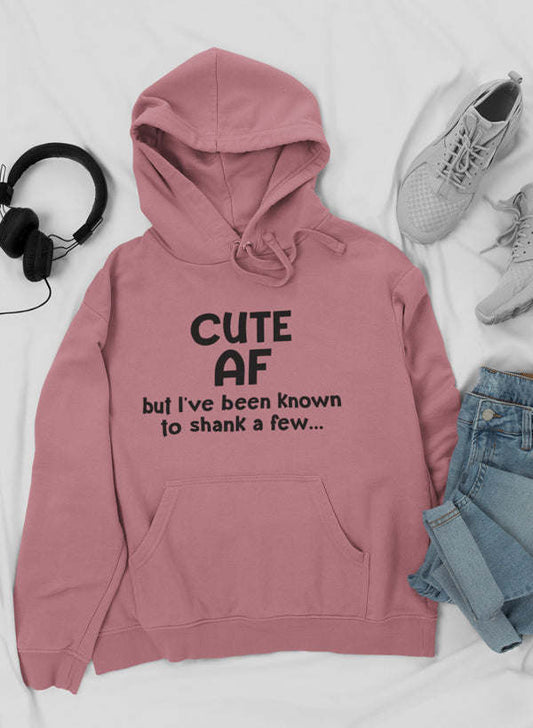 Mauve hoodie with front “CUTE AF” text, kangaroo pocket, drawstring hood.