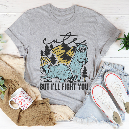 Heather gray crewneck T-shirt with forest animal graphic and BUT I'LL FIGHT YOU text