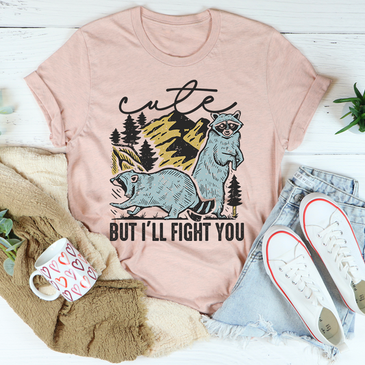 Blush pink crewneck T-shirt with forest animal graphic and BUT I'LL FIGHT YOU text