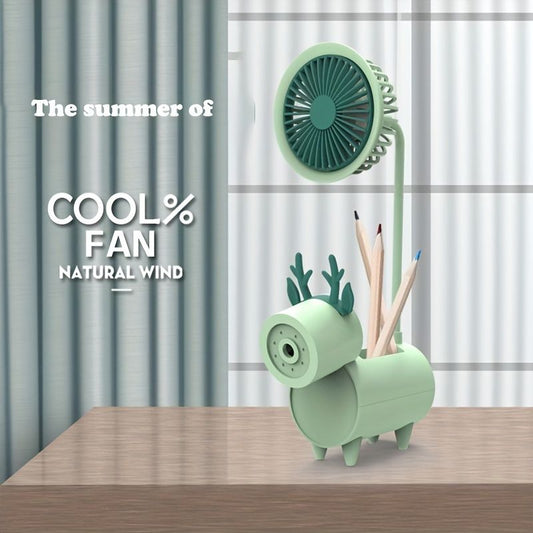 Green cartoon desk USB fan with pen holder and built-in pencil sharpener stand