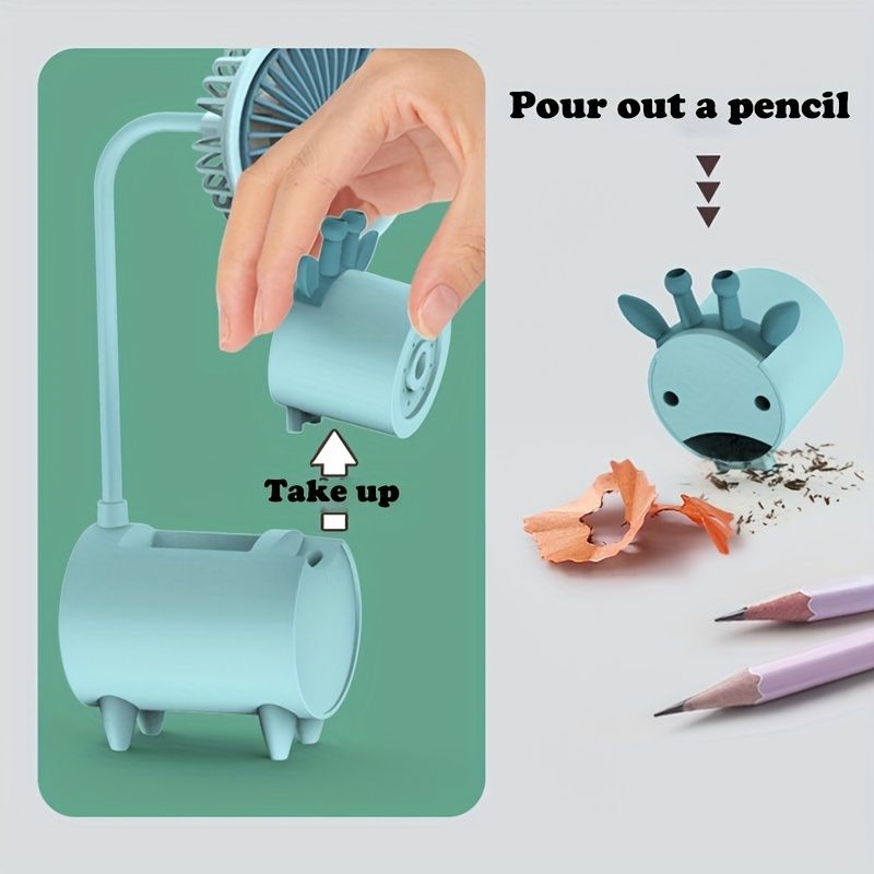 Cute Cartoon USB Fans With Pen Holder Pencil Sharpener; Rechargeable Fan For Children Business Gift - Renee Lane Company