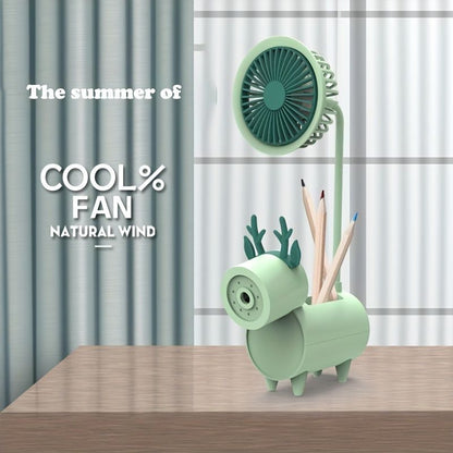 Cute Cartoon USB Fans With Pen Holder Pencil Sharpener; Rechargeable Fan For Children Business Gift - Renee Lane Company
