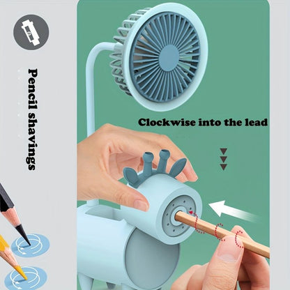 Cute Cartoon USB Fans With Pen Holder Pencil Sharpener; Rechargeable Fan For Children Business Gift - Renee Lane Company