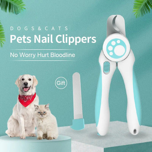 Blue pets nail clippers with safety guard and paw-print dial, white handle