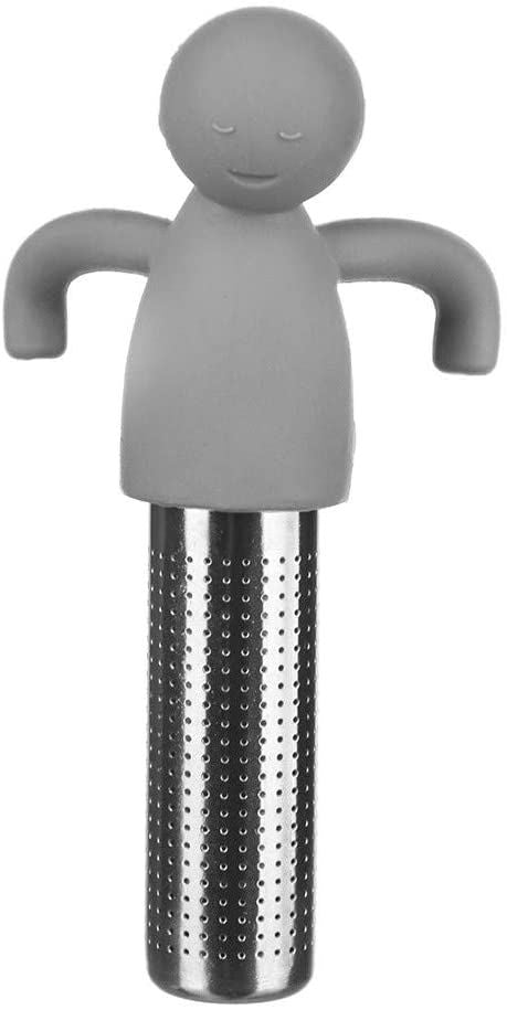 Gray man-shaped tea infuser with perforated stainless-steel strainer body