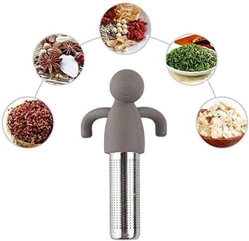 Gray man-shaped tea infuser strainer with loose-leaf serving view