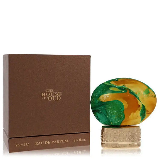 House of Oud Cypress Shade eau de parfum with brown box and standing bottle, green-gold top