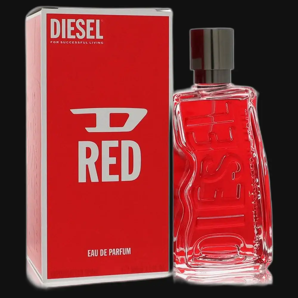 Diesel D Red eau de parfum: red glass bottle with silver cap and matching red box