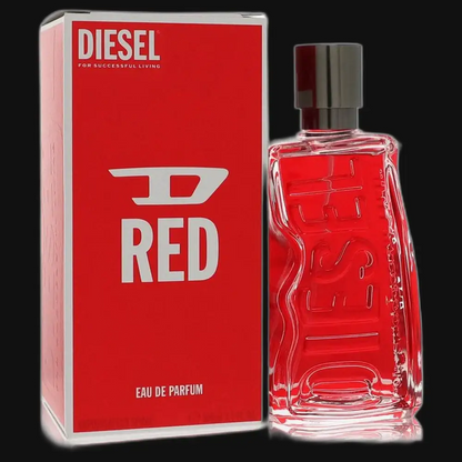 Diesel D Red eau de parfum: red glass bottle with silver cap and matching red box