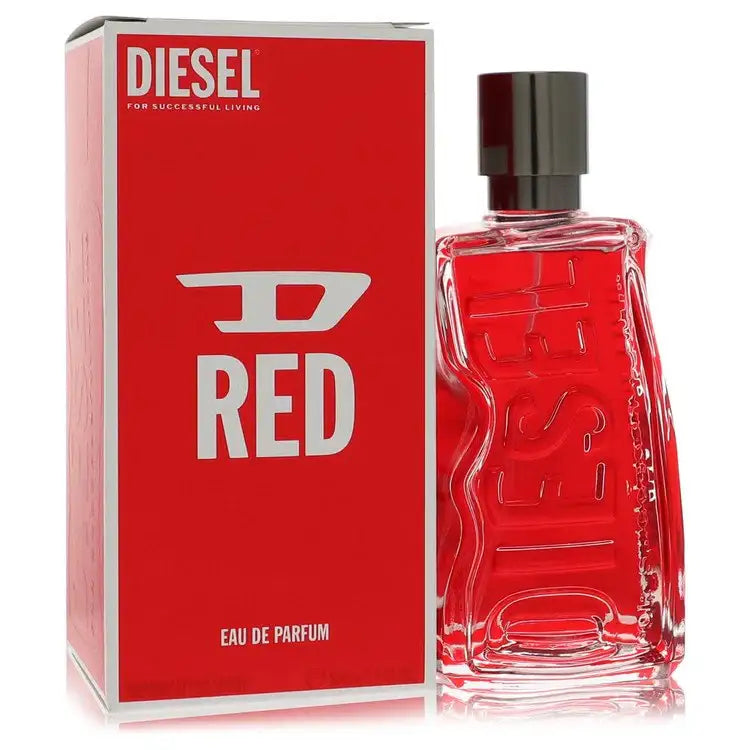 Diesel D Red eau de parfum set: red glass bottle with silver cap beside red product box