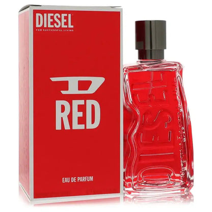 Diesel D Red eau de parfum set: red glass bottle with silver cap beside red product box