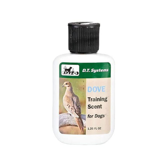 Pet training scent bottle with black ribbed cap, Dove label for dogs, 1.25 fl oz