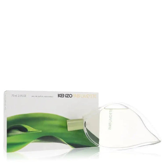 Women’s perfume box and white bottle with gold cap, green leaf graphics