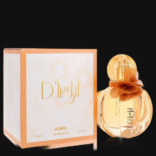 D'light by Ajmal women's perfume set: glass bottle with orange floral topper, box