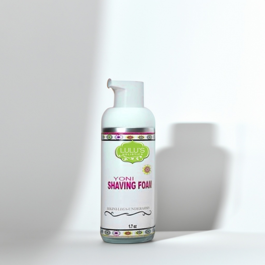 Yoni shaving foam bottle with white pump and floral label detail