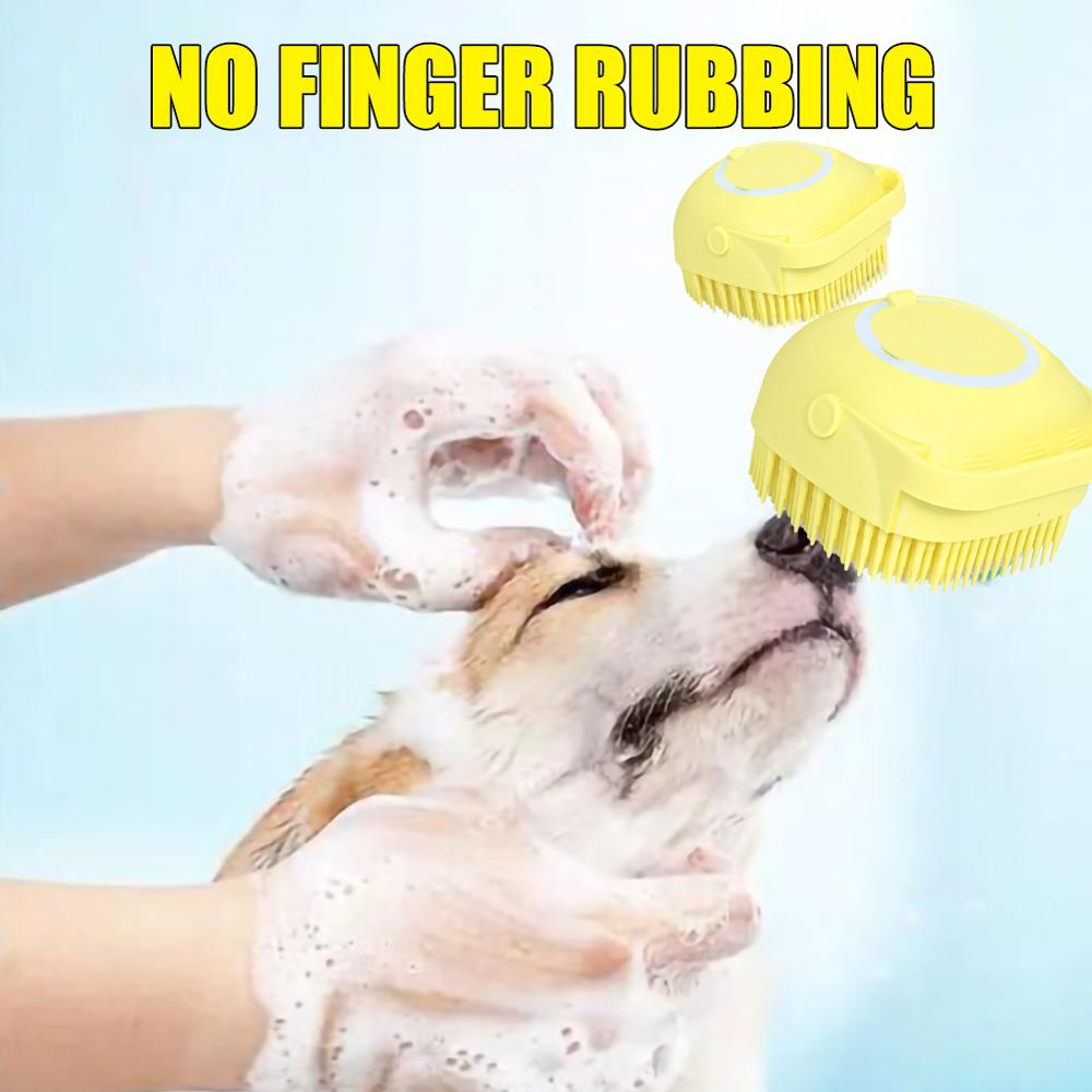 Yellow dog bath brush with soft bristles for gentle brushing during bathing