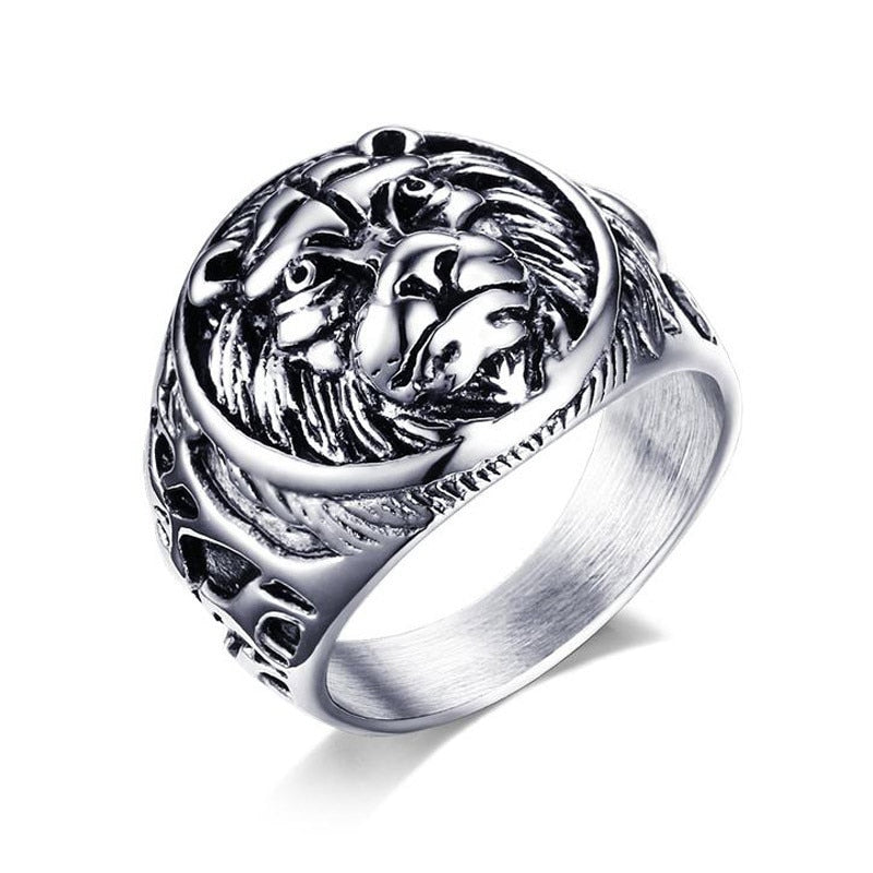 Lion head signet ring, silver-tone metal with high relief lion face top
