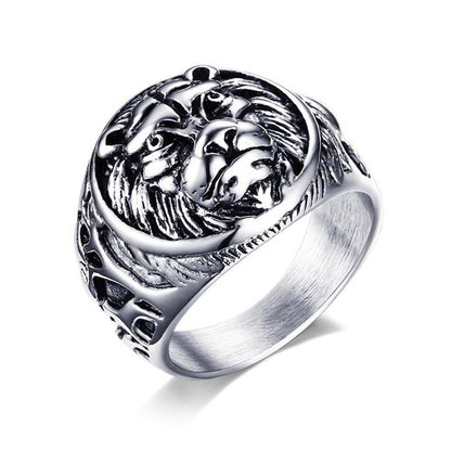 Lion head signet ring, silver-tone metal with high relief lion face top