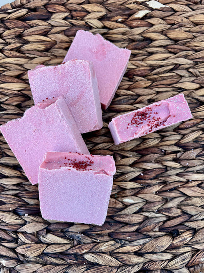 Sea salt soap bar, pink-purple with dark speckles, small cut pieces