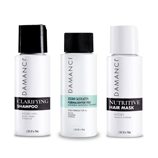 Hair care discovery kit with 3 DAMANCI bottles: clarifying shampoo, keratin formula, hair mask