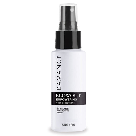 DAMANCI Blowout heat protectant spray bottle with black pump, white label