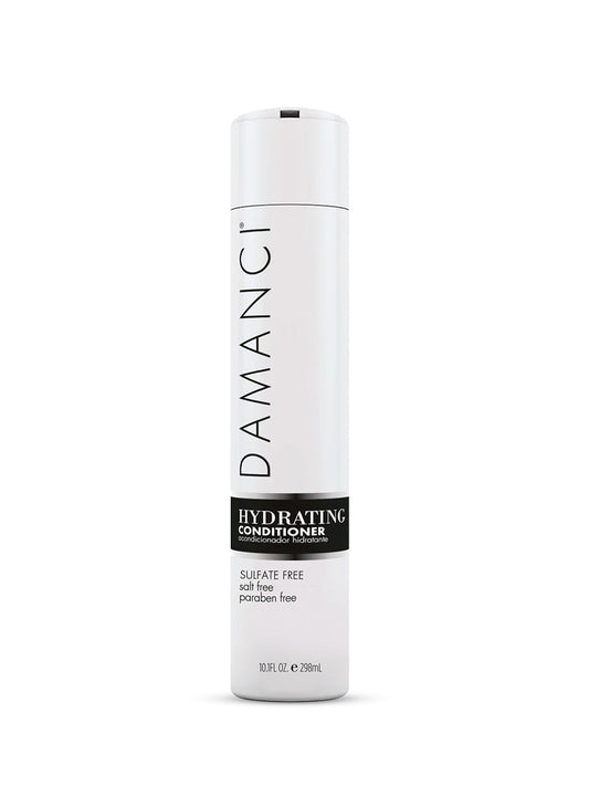 Hydrating conditioner bottle, white with black label stripe and printed formula details