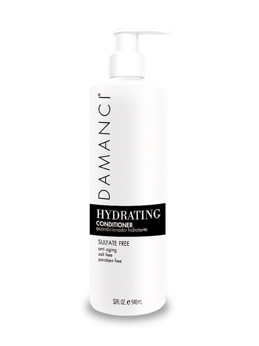 Hydrating conditioner bottle with pump, white, black label reading Hydrating conditioner
