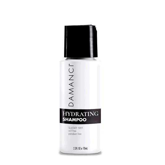 DAMANCI hydrating shampoo bottle, black cap and label, 2.3 fl oz (70 ml)