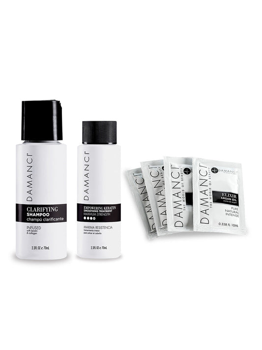 Keratin express kit with two DAMANCI bottles and foil sample packets