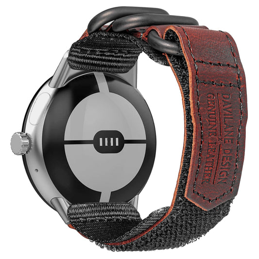 Leather watch strap with red-brown stitched end, woven fabric and dark clasp