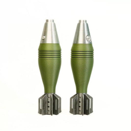 Olive green 60mm mortar shell pen holder replica, two-piece set with gray base