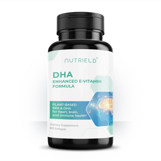 DHA supplement bottle with DHA enhanced e-vitamin formula label