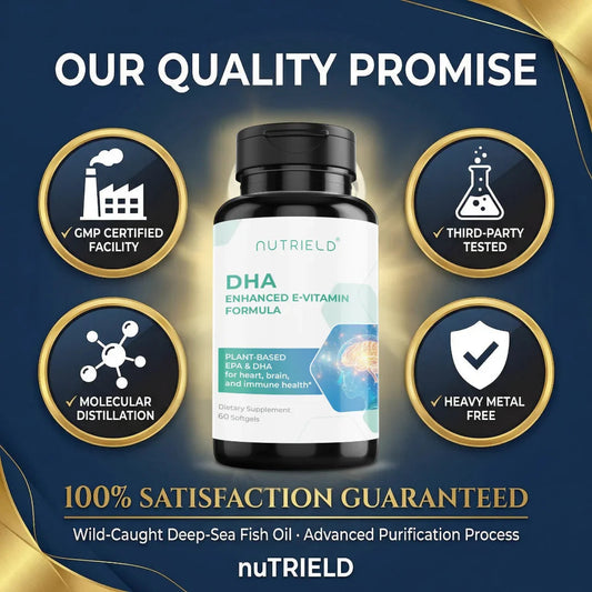 DHA supplement bottle centered with quality promise badges around