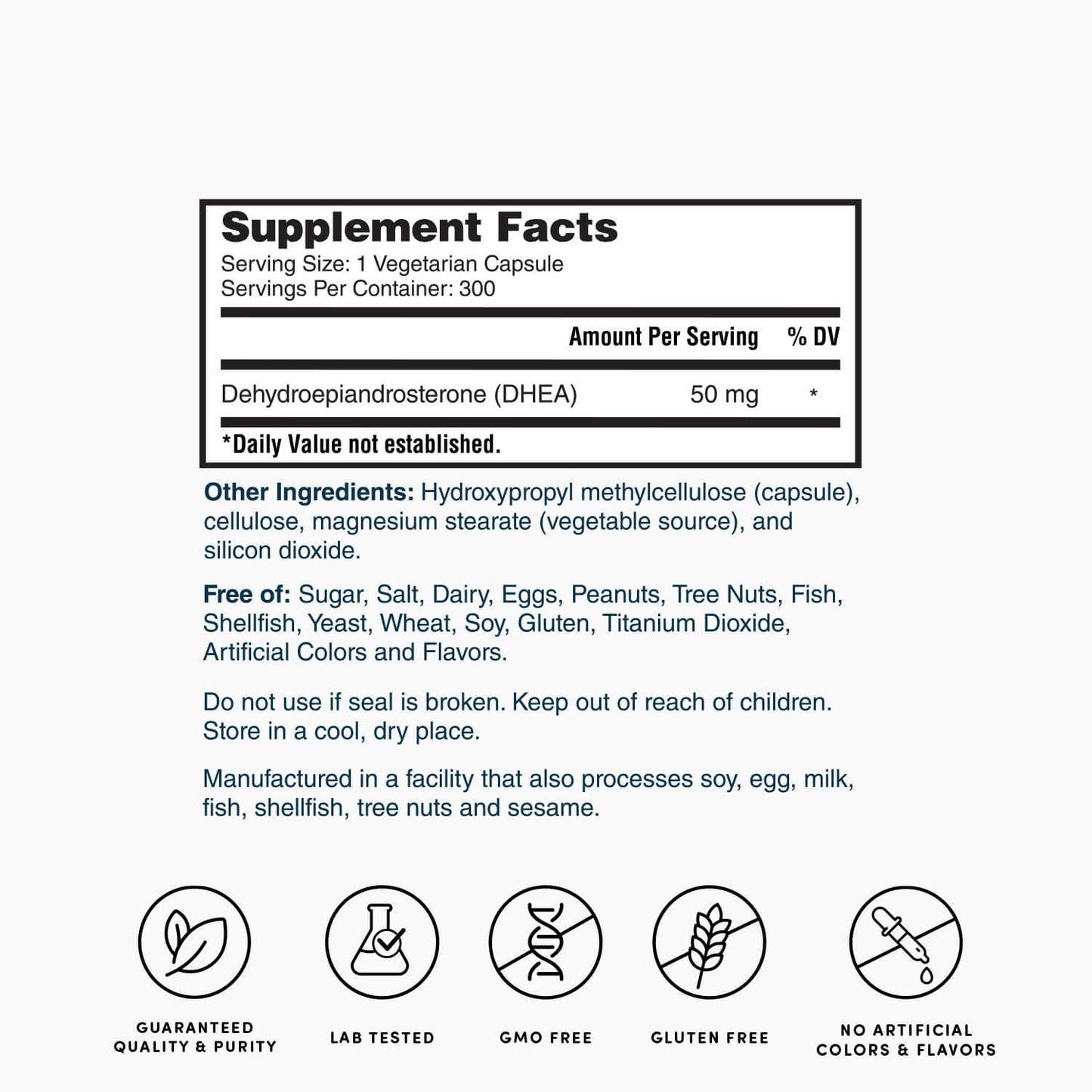 Supplement facts panel for DHEA, 50 mg per capsule, 300 vegetarian capsules