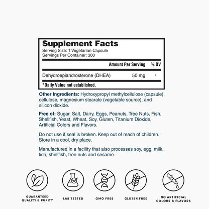 Supplement facts panel for DHEA, 50 mg per capsule, 300 vegetarian capsules