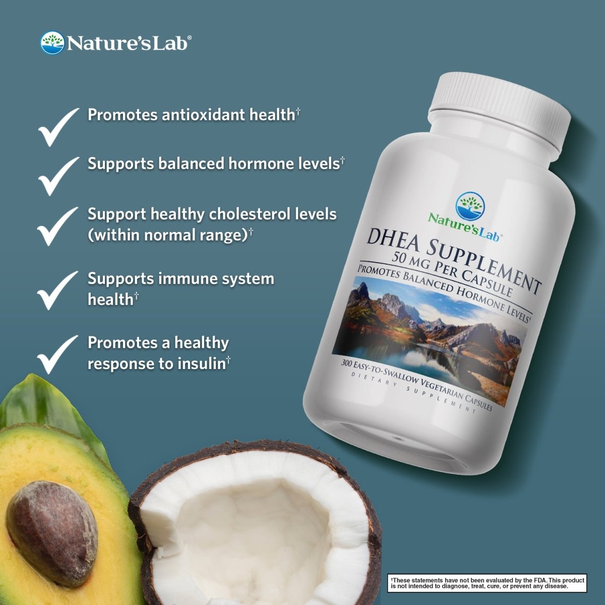 DHEA supplement bottle, side view, 50 mg per capsule, 300 vegetarian capsules