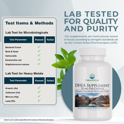 DHEA supplement bottle with lab-tested quality and purity callouts