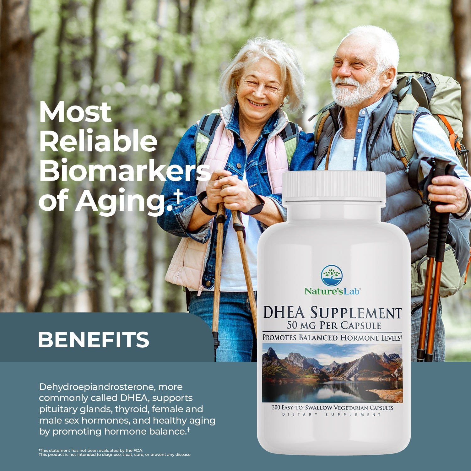 DHEA supplement bottle held up by two hikers outdoors