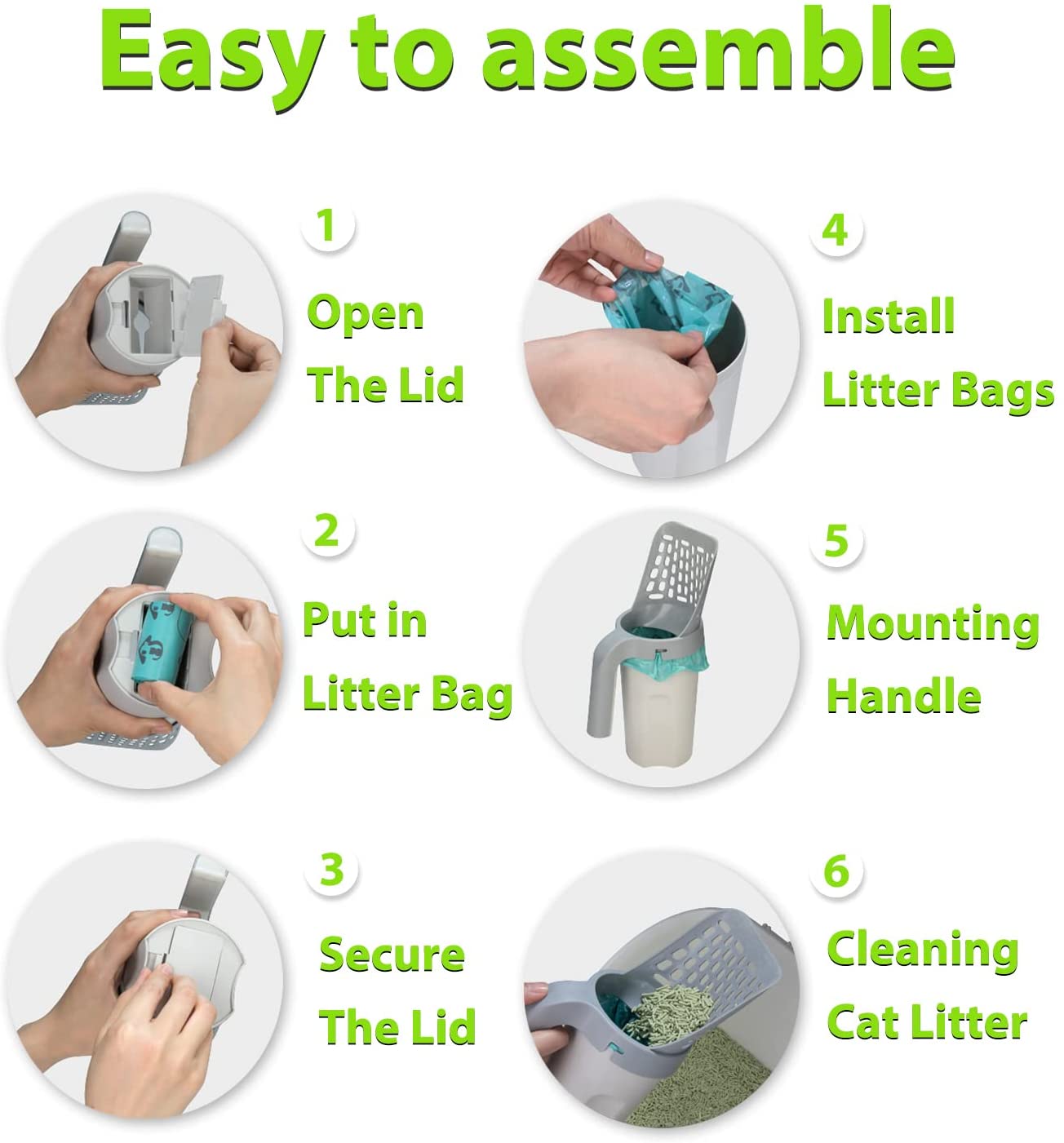 Cat litter scoop assembly graphic showing lid, litter bag, and mounting steps