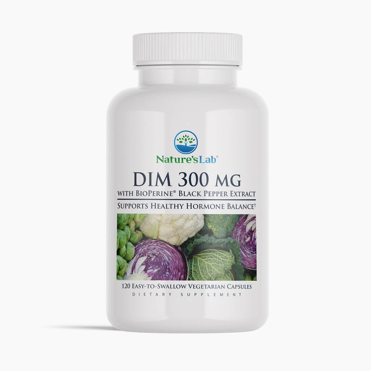 Nature's Lab DIM 300 mg supplement bottle with ribbed white cap and front label