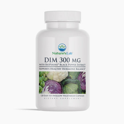 Nature's Lab DIM 300 mg supplement bottle with ribbed white cap and front label